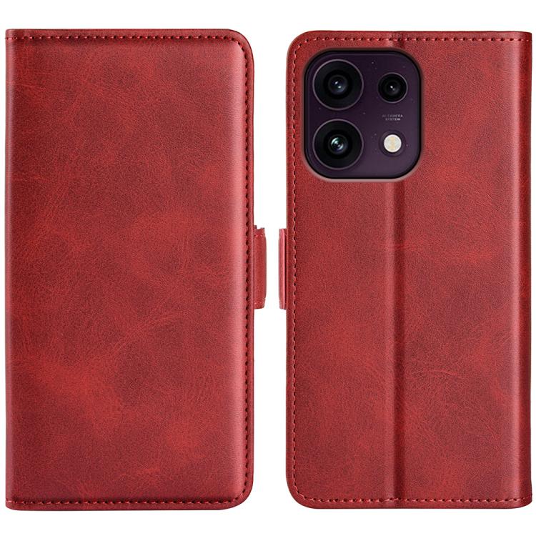 Red leather flip phone case with dual-side magnetic buckle, phone back visible