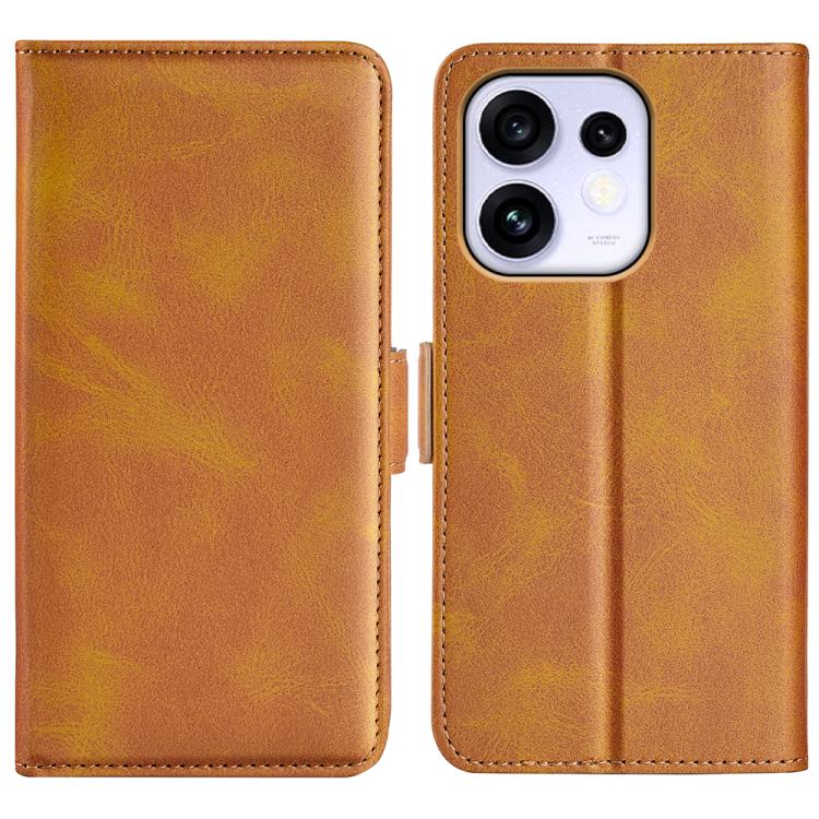 Tan leather flip phone case with magnetic clasp, dual-side design and camera cutout
