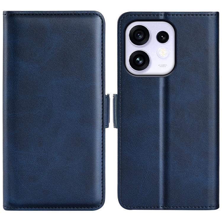 Dark blue leather flip phone case with magnetic clasp, dual-side design and camera cutout