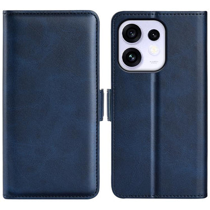 Dark blue leather flip phone case with magnetic clasp, dual-side design and camera cutout