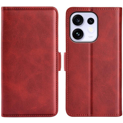 Red leather flip phone case with magnetic clasp, dual-side design and camera cutout