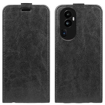 Black vertical flip leather phone case with visible camera cutouts on the back
