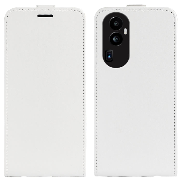 White vertical flip leather phone case with visible camera cutouts on the back