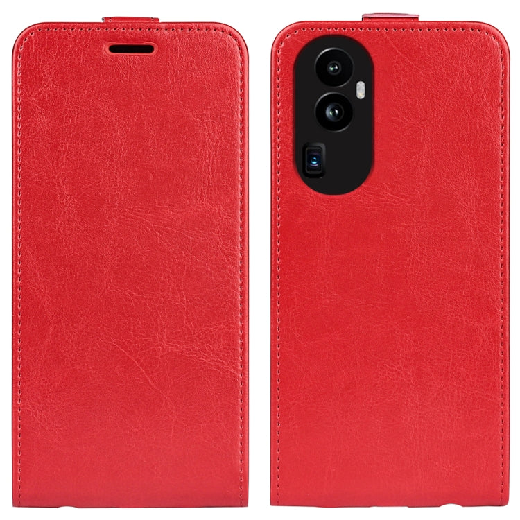 Red vertical flip leather phone case with visible camera cutouts on the back