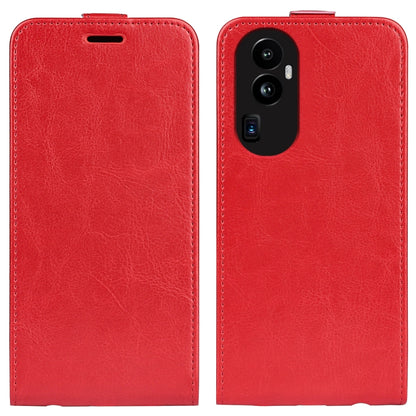 Red vertical flip leather phone case with visible camera cutouts on the back