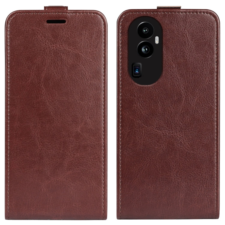 Brown vertical flip leather phone case with visible camera cutouts on the back