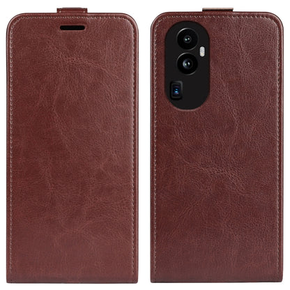 Brown vertical flip leather phone case with visible camera cutouts on the back