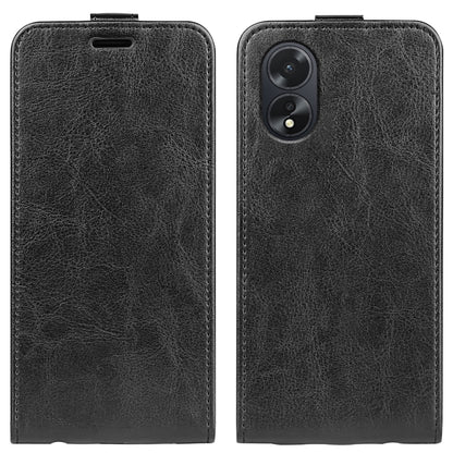 Black vertical flip leather phone case with front cutout and rear camera openings
