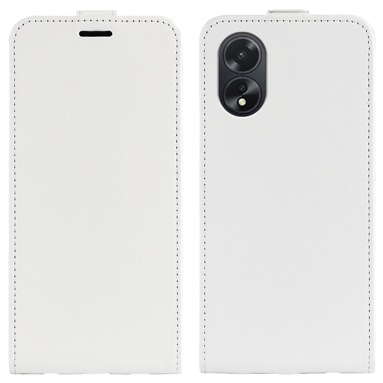 White vertical flip leather phone case with front cutout and rear camera openings