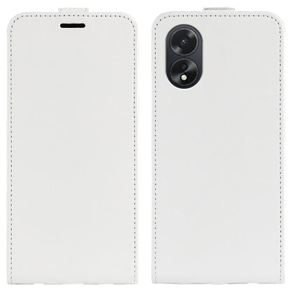 White vertical flip leather phone case with front cutout and rear camera openings