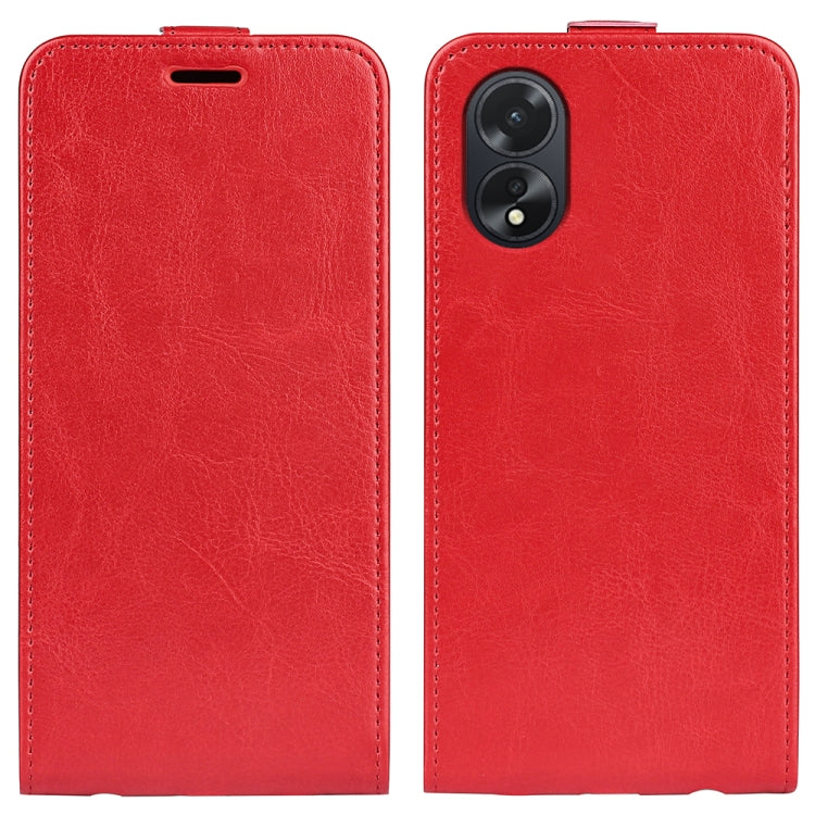 Red vertical flip leather phone case with front cutout and rear camera openings
