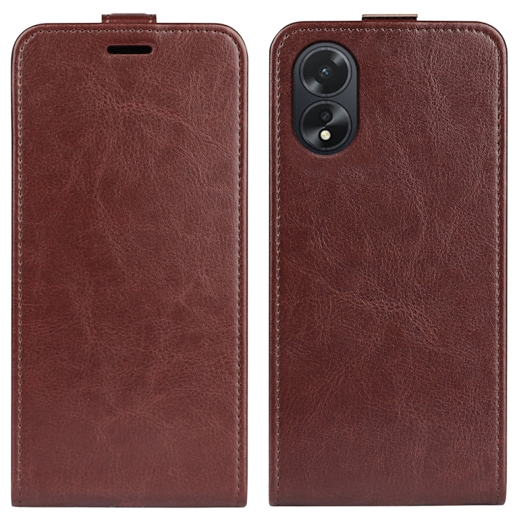 Brown vertical flip leather phone case with front cutout and rear camera openings