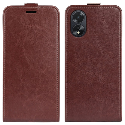 Brown vertical flip leather phone case with front cutout and rear camera openings