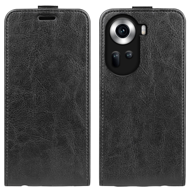 Black textured leather flip phone case showing camera opening and top slot