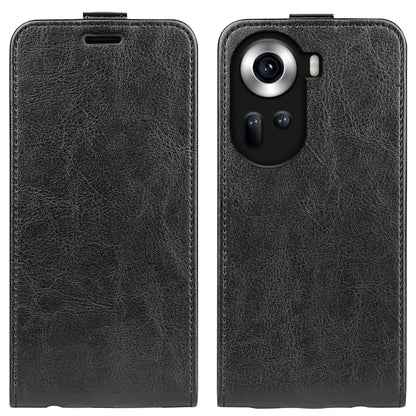 Black textured leather flip phone case showing camera opening and top slot