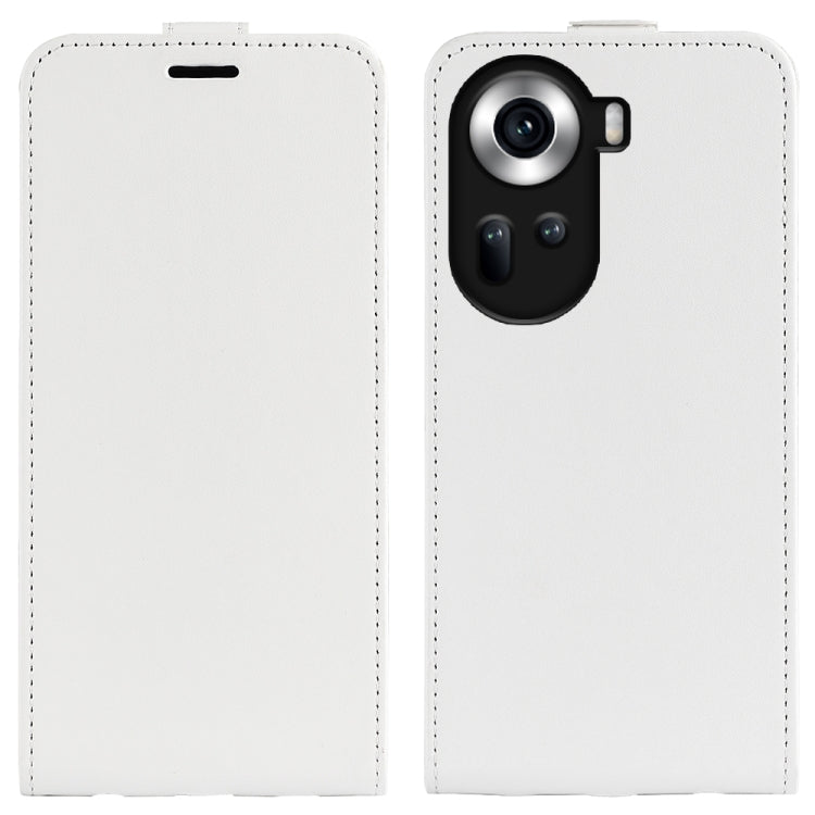 White textured leather flip phone case showing camera opening and top slot