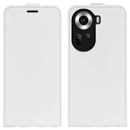 White textured leather flip phone case showing camera opening and top slot