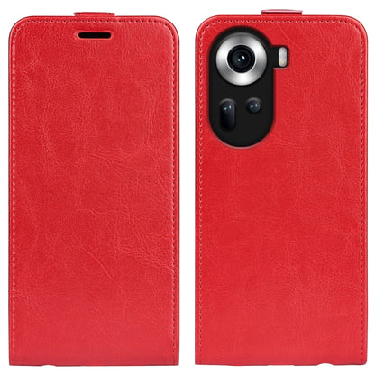 Red textured leather flip phone case with camera cutout and side earpiece opening