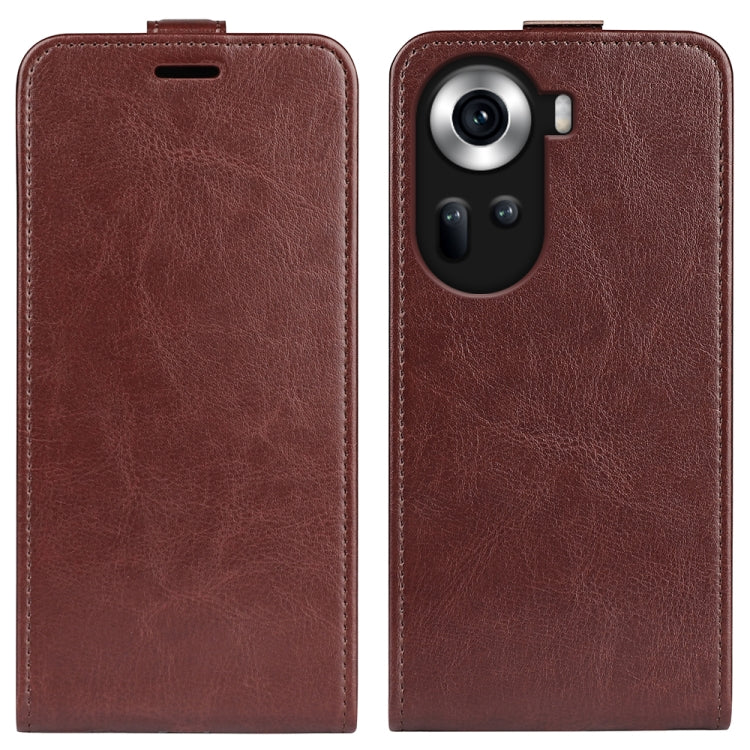 Brown textured leather flip phone case with camera cutout and side earpiece opening