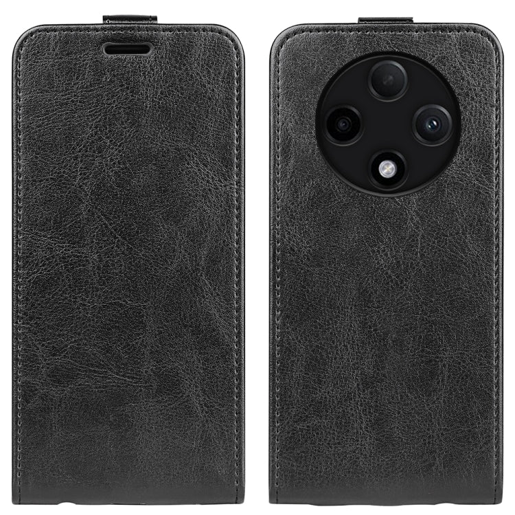Textured black leather vertical flip phone case, front and back with camera cutouts
