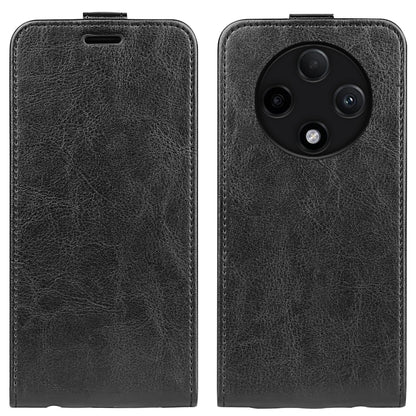 Textured black leather vertical flip phone case, front and back with camera cutouts