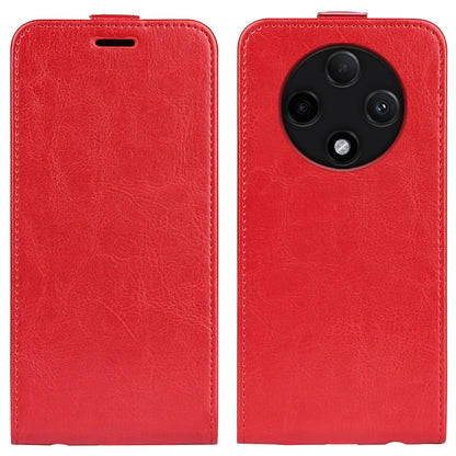 Red textured leather flip phone case with top slot and camera cutout