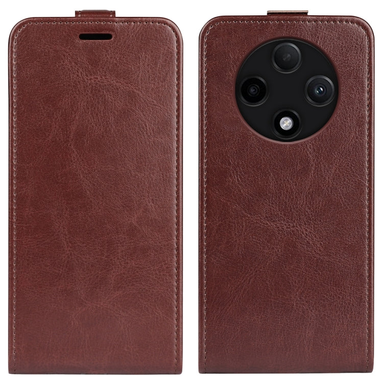 Brown textured leather flip phone case with top slot and camera cutout