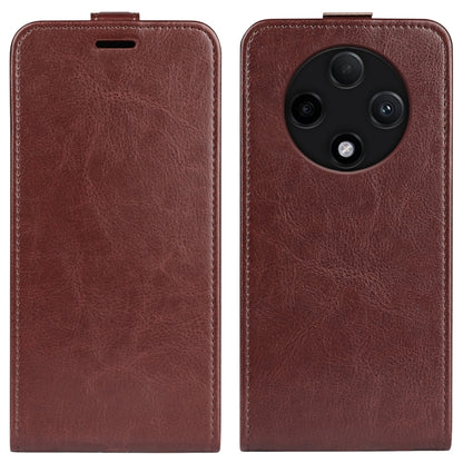 Brown textured leather flip phone case with top slot and camera cutout