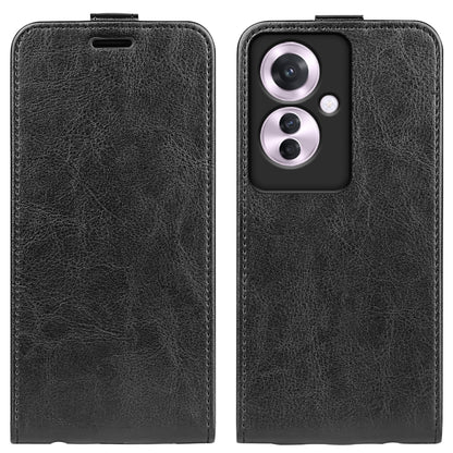 Black textured leather flip phone case with top slot and camera cutout