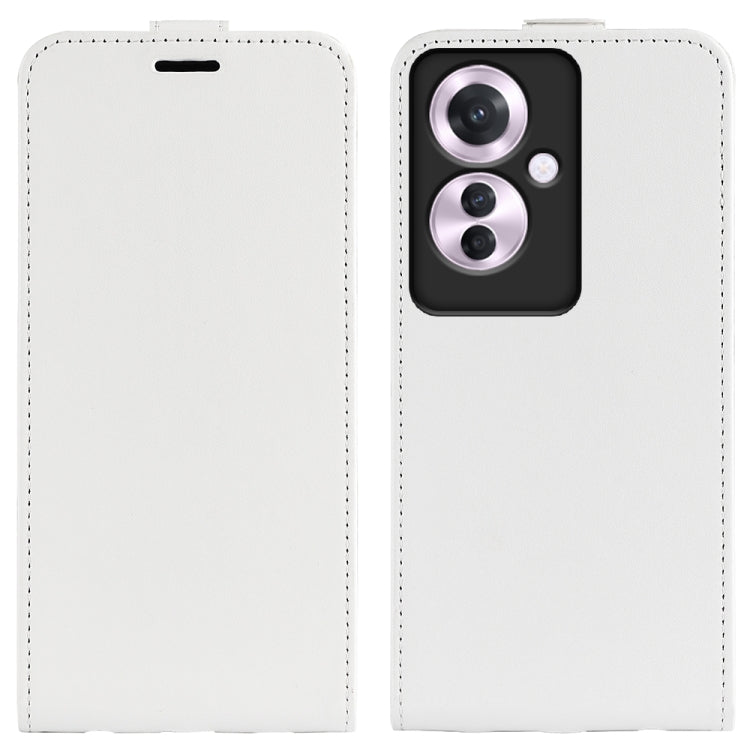 White textured leather flip phone case with top slot and camera cutout