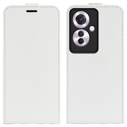 White textured leather flip phone case with top slot and camera cutout