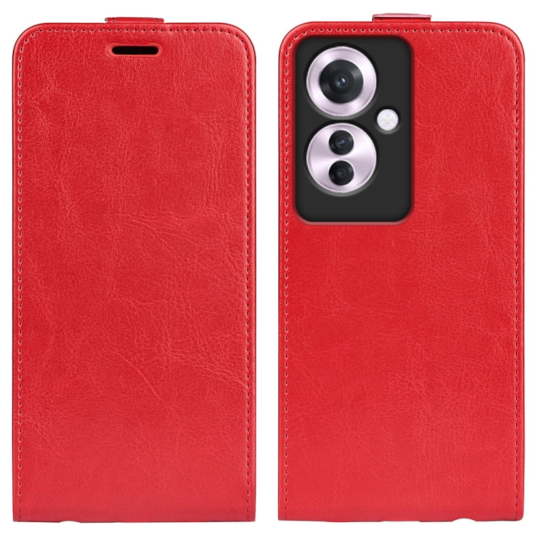 Red textured leather flip phone case showing camera opening and top slot