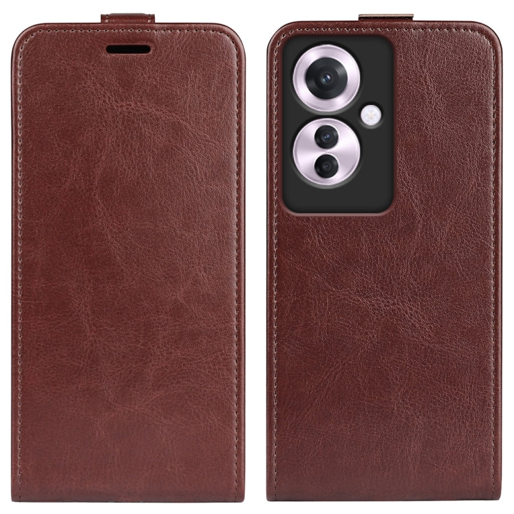 Brown textured leather flip phone case showing camera opening and top slot