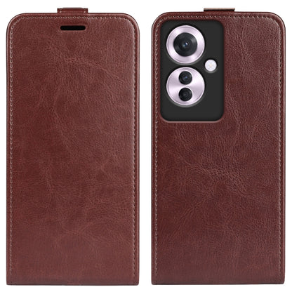 Brown textured leather flip phone case showing camera opening and top slot