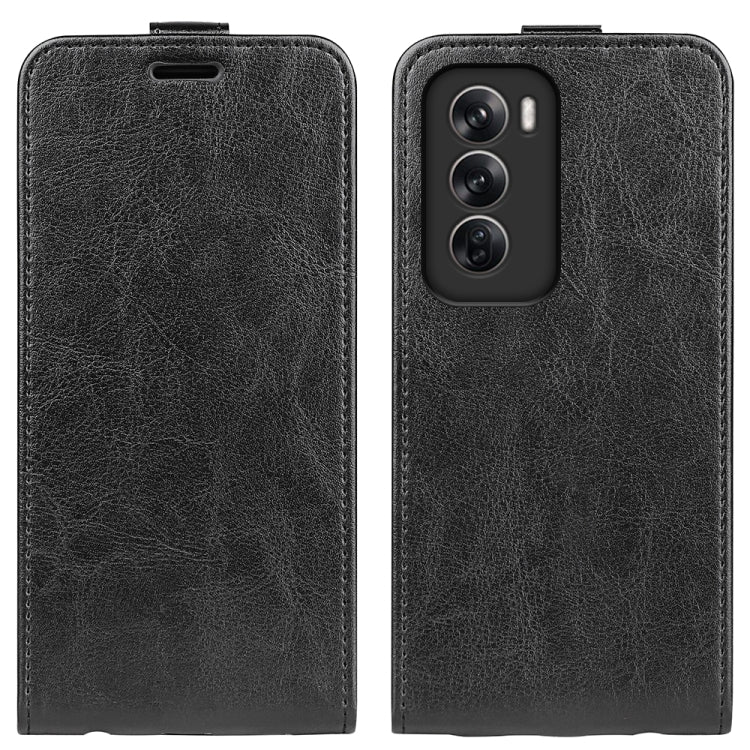 Black textured flip leather phone case with vertical cover and top opening, camera cutout