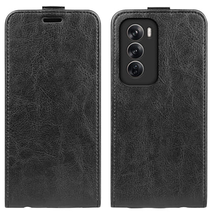 Black textured flip leather phone case with vertical cover and top opening, camera cutout