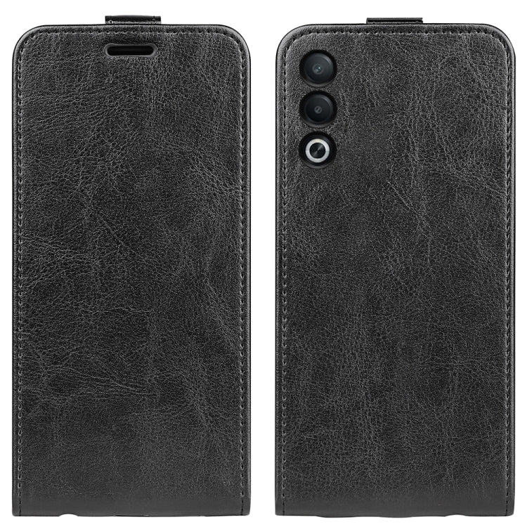 Textured black leather vertical flip phone case, with camera cutouts and magnetic closure