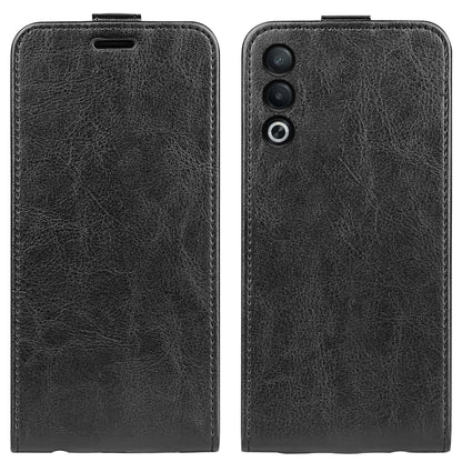 Textured black leather vertical flip phone case, with camera cutouts and magnetic closure