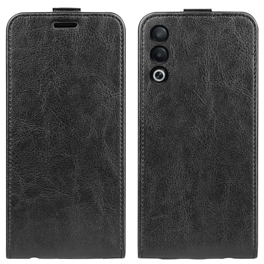 Textured black leather vertical flip phone case, with camera cutouts and magnetic closure
