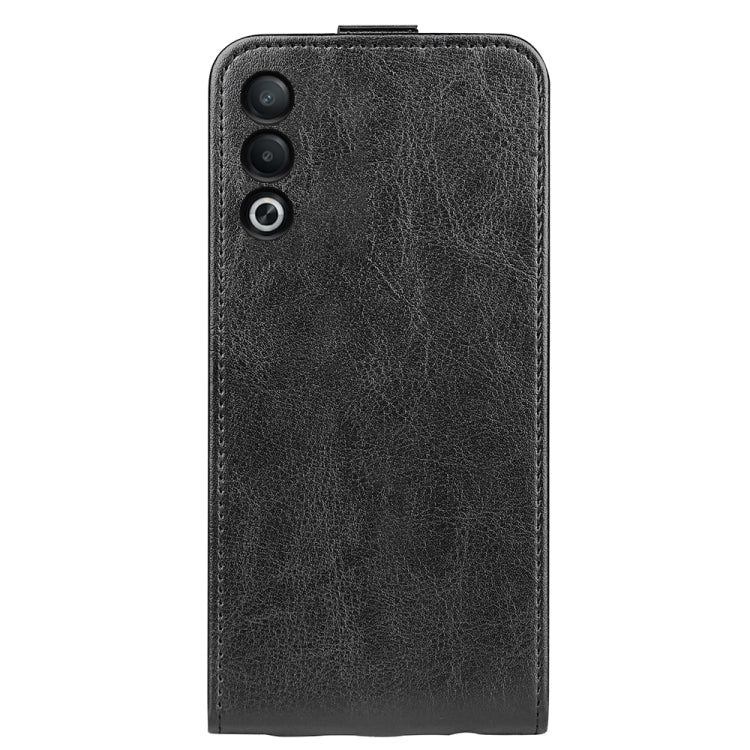 Textured black leather vertical flip phone case, back view with camera cutouts