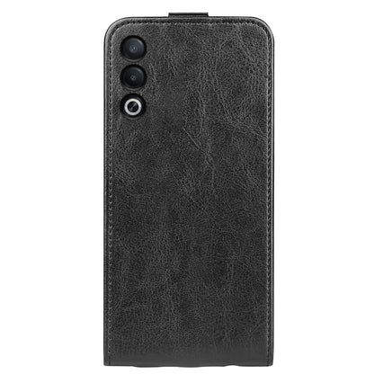 Textured black leather vertical flip phone case, back view with camera cutouts