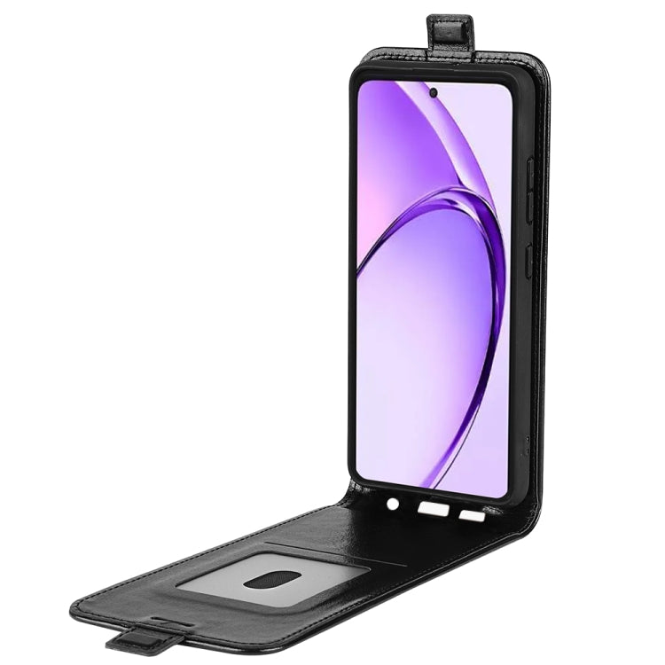 Textured black leather vertical flip phone case open, showing screen and card slot