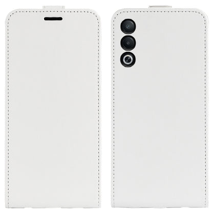 Textured white leather vertical flip phone case, front and back with camera cutouts