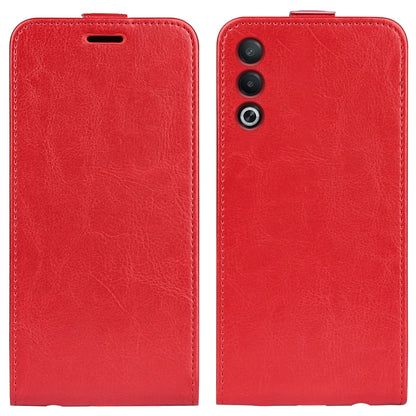 Textured red leather vertical flip phone case, front and back with camera cutouts