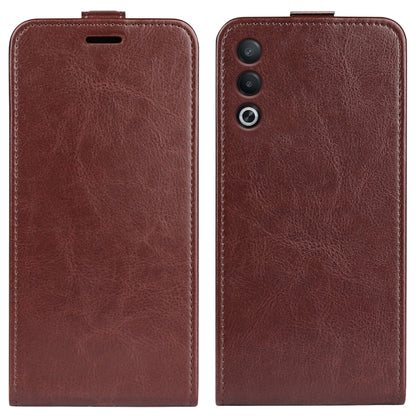 Textured brown leather vertical flip phone case, front and back with camera cutouts