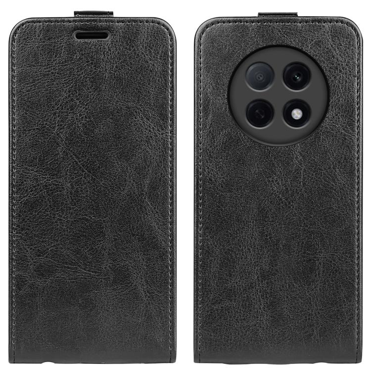 Black textured flip phone case with oval card slot and camera cutout