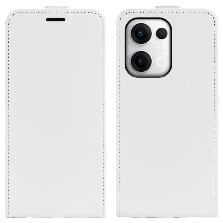 White textured leather vertical flip phone case with stitched edges and camera cutout