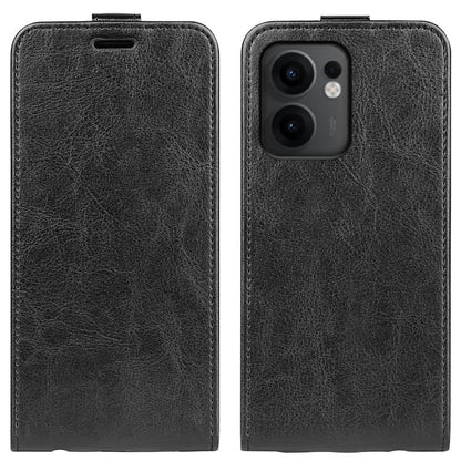Black textured flip leather phone case with vertical cover and top opening, camera cutout