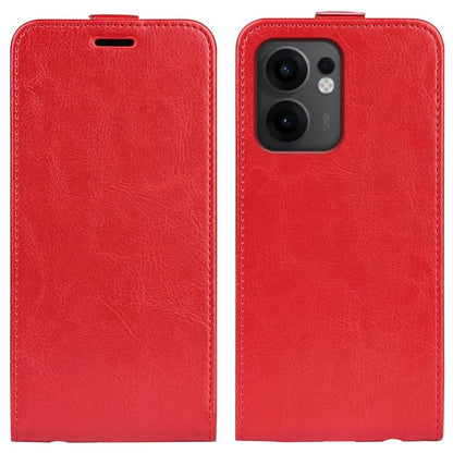 Red textured flip leather phone case with vertical cover and top opening, camera cutout