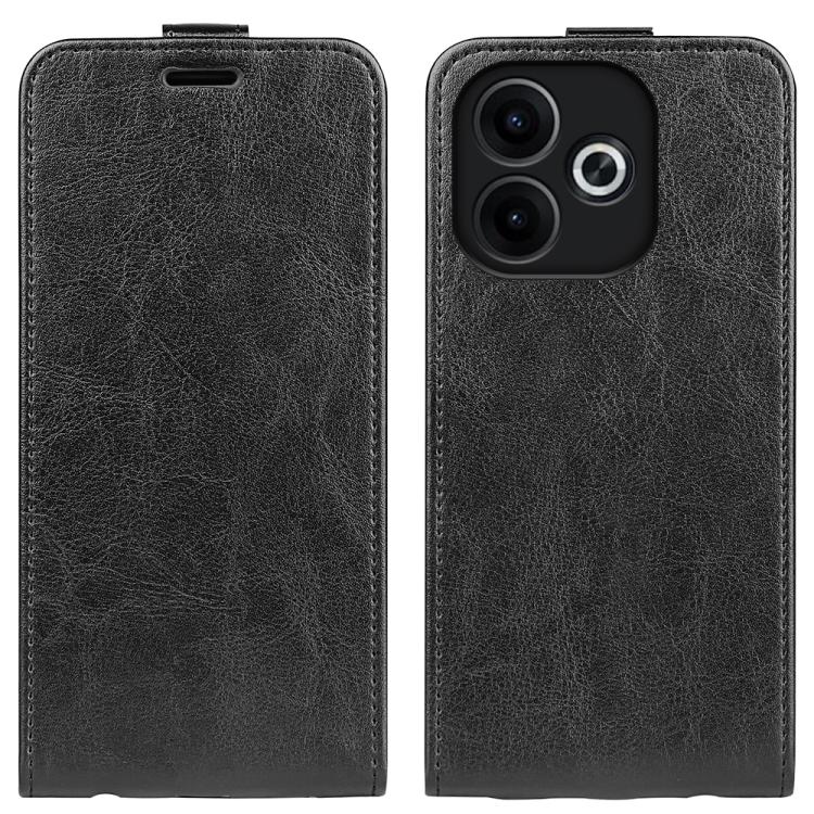 Black textured flip phone case with oval card slot and camera cutout
